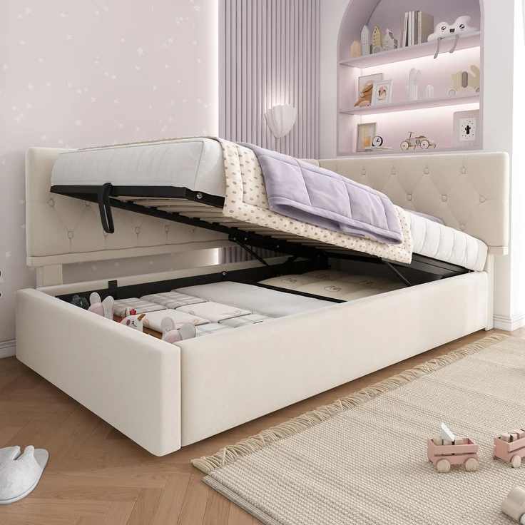 Polsterbett 90x200 cm aus Samt mit hydraulischem Stauraum – L‑förmiges Daybed, beige – Bild 4