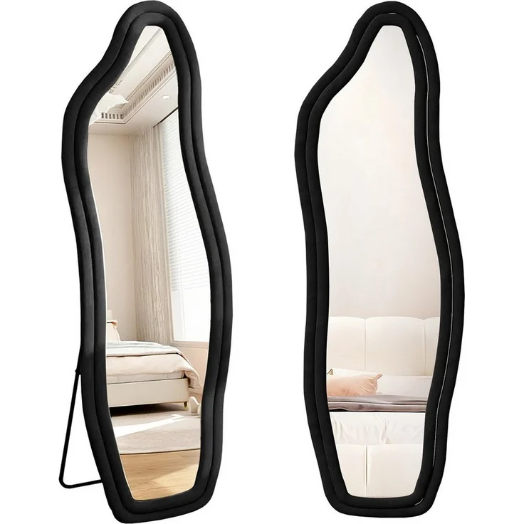 FUROKOY Ganzkörperspiegel Standspiegel mit Kristall-Samt Rahmen und verstarktem Glas, Asymmetrisch Wandspiegel,140x45cm,Schwarzer Rahmen – Bild 5