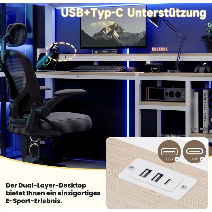 EINHOM Hochbett, 90 x 200 cm, Metallbettgestell, Leiterschrank, Ablagefach, USB + Typ-C, LED-Lichtleiste, Weiß (Ohne Matratze) – Bild 5