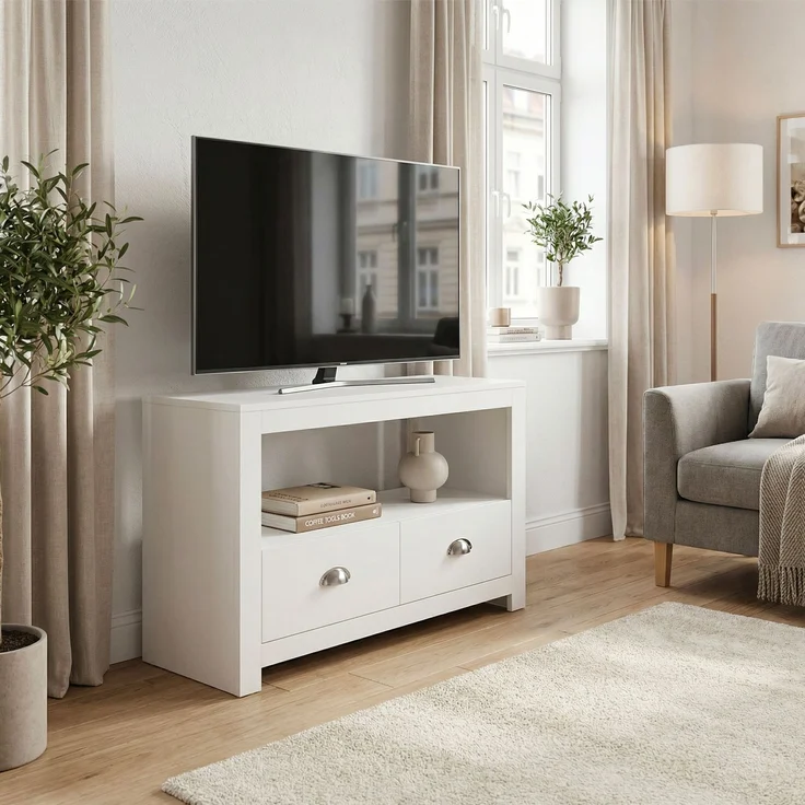 FINEBUY Lowboard FB113949 TV Möbel Weiß 85cm TV Board Fernsehschrank Fernsehkommode (Praktische Aufteilung mit moderner Linienführung), Kompakte Lösung für kleine Wohnbereiche – Bild 2