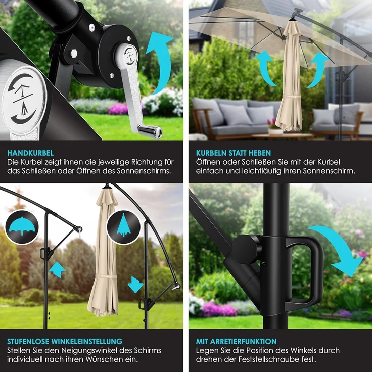 KESSER® Ampelschirm Holly Sonnenschirm Rechteckig mit und ohne LED Solar inkl. Abdeckung + Windsicherung mit Kurbel | Kurbel-Schirm mit Ständer UV-Schutz Aluminium Wasserabweisend Ø350cm Gartenschirm Beige, Mit LED – Bild 4
