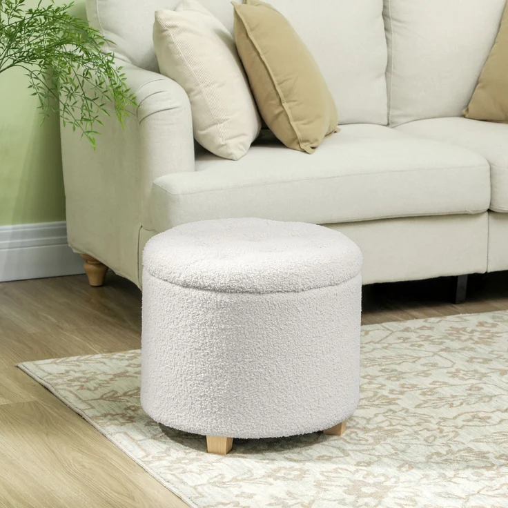 MELAYR, Runder Hocker mit Stauraum, Fußhocker aus Schlingenstoff, Belastbarkeit 120 kg, Ø 45 x 41 cm, Weiß – Bild 3