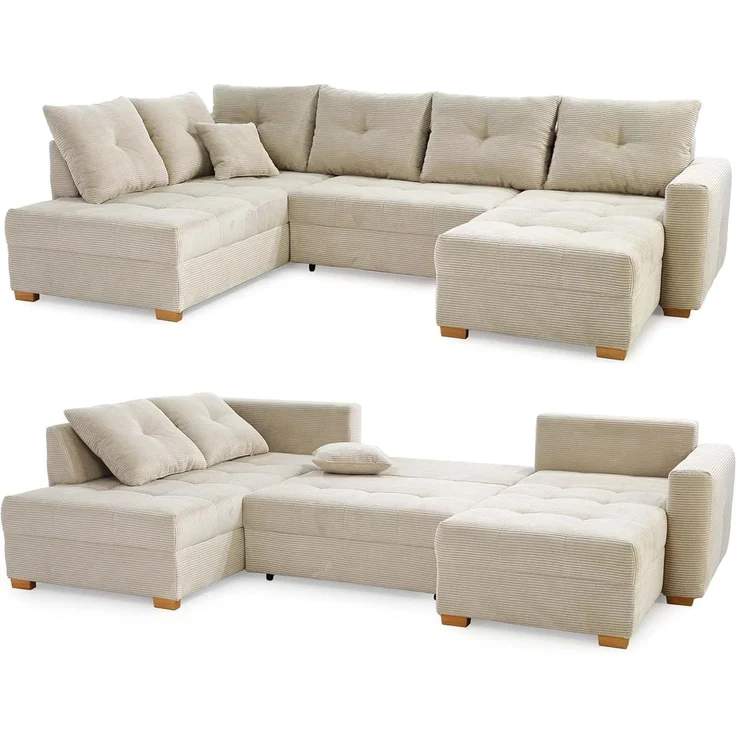 Wohnlandschaft U-Form Sofa groß Schlaffunktion Couch Bettkasten Cord Beige Grau – Bild 9