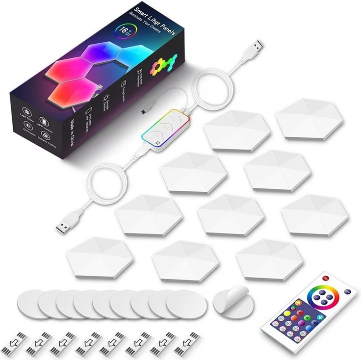 Lapamax LED Wandleuchte Modulare RGBIC LED-Wandpaneele mit Bluetooth-App und Musikmodus, Farbwechsel, dimmbar, Musiksynchronisation und Timer, LED, RGBIC, mehrfarbig, Sechseckige Lichtmodule frei kombinierbar, mit Fernbedienung und USB – Bild 2