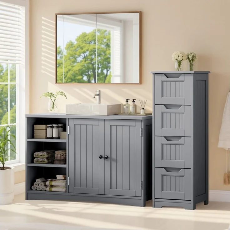 Blishom Waschbeckenunterschrank Waschbeckenunterschrank mit Siphonausschnitt, verstellbarem Boden Waschbeckenunterschrank, Unterschrank, Badmöbel, Badezimmer‑Schrank – Bild 2