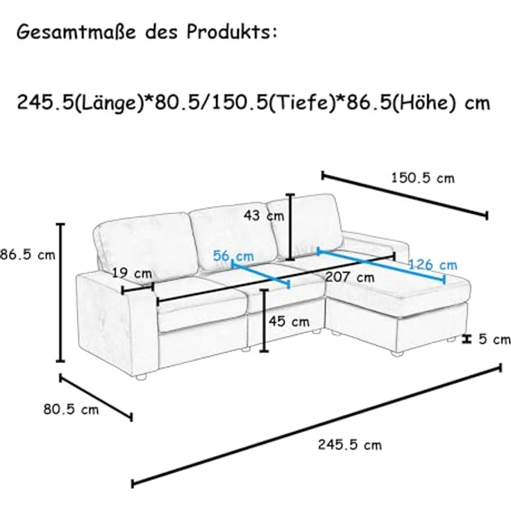 Ball & Cast Ecksofa Klein mit Stauraum, Moderne L-förmige und Umkehrbare Couch für Wohnzimmer, Schlafzimmer & Wohnung, Dunkelgrau – Bild 2