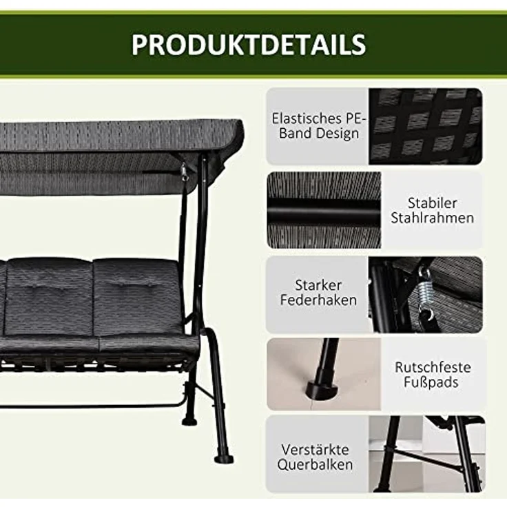 Outsunny Hollywoodschaukel Gartenschaukel mit Sonnendach, 3-Sitzer, Bettfunktion, Hollywoodschaukel, 1 tlg, Gartenschaukel, für Garten, Balkon, Schwarz – Bild 6