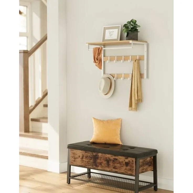 Vasagle Wandgarderobe mit Ablage, 10 abnehmbaren Haken, 2 Garderobenleisten, Holz Eichenfarben-Weiß, 42 x 30 x 65 cm