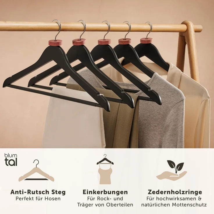 Blumtal Kleiderbügel Kleiderbügel Holz mit 360° drehbarem Metallhaken, (30-tlg), Zedernholz Mottenschutz mit Anti-Rutsch-Schicht & Einkerbungen – Bild 2