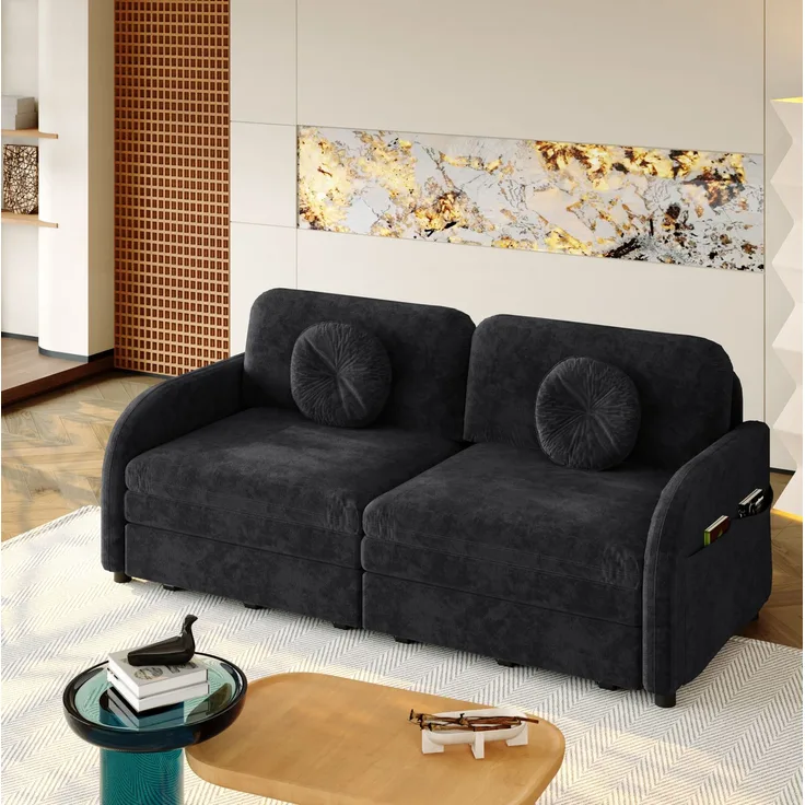 Schlafsofa 166x84x90 cm in Schwarz, 3-in-1 ausziehbar mit Stauraum und Chenillebezug