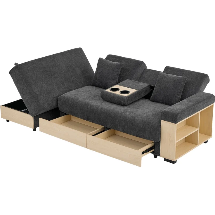 Merax Wohnlandschaft Sofa mit Stauraum, 3-fach verstellbarer Rückenlehne, Schlafsofa mit Schubladen, Chenille-Stoff, Getränkehalter & Stauraumhocker, grau – Bild 10