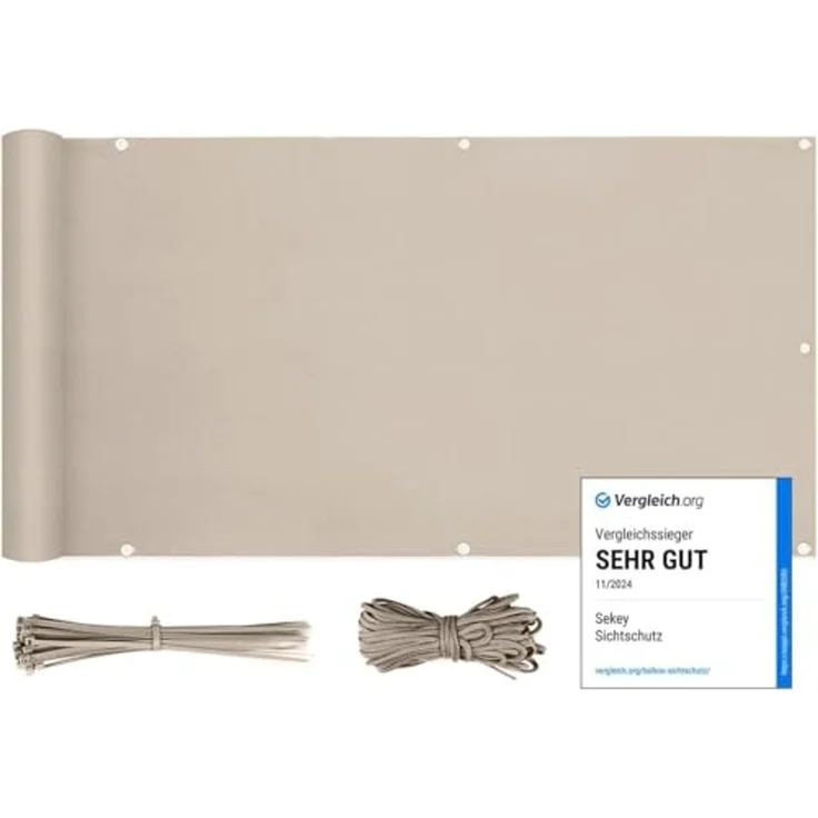 Sekey Balkon Sichtschutz Balkonabdeckung Balkonverkleidung blickdichte Wind- und UV-Schutz, 100% Privatsphäre, mit Ösen, Nylon Kabelbinder und Kordel, Taupe 0. 75×4m – Bild 1