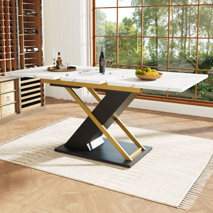 Ausziehbarer Esstisch 120-160x80x75,4 cm, Marmoroptik, goldene Kreuzbeine – Bild 2