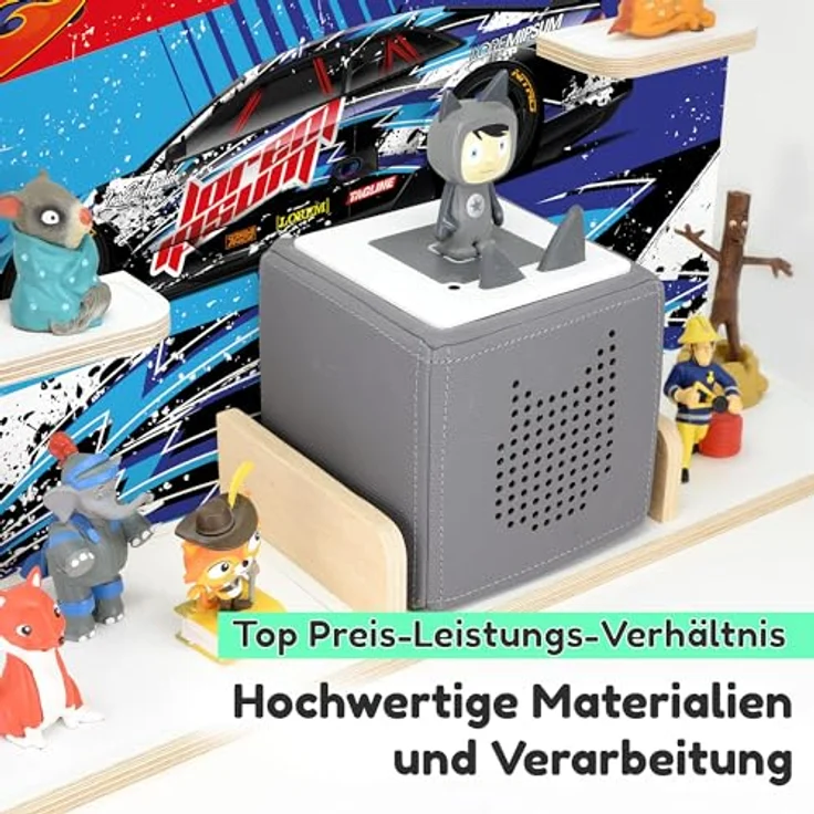stadtecken Holzregal für Musikbox I Geeignet für die Toniebox und ca. 50 Tonies I Perfekte Tonie Aufbewahrung im Kinderzimmer I Zum Aufstellen oder Aufhängen I Racer, groß – Bild 4