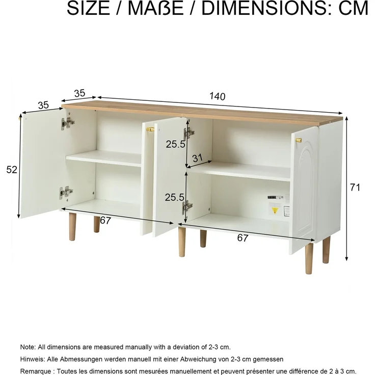 Sideboard 140 x 35 x 71 cm mit 4 Türen, 3D-Relief und Ablagefächern – Weiß und Holzton – Bild 4