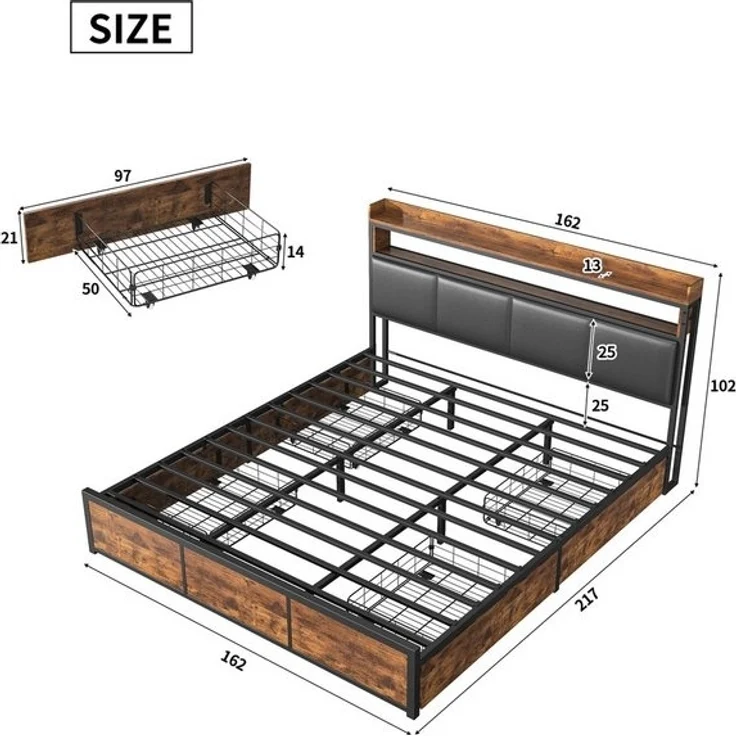 FUROKOY Polsterbett Doppelbett,Bettgestell (Holzbett mit Metall, 1-tlg, mit 4 Schubladen und Stauraumfunktion), 160x200cm – Bild 4