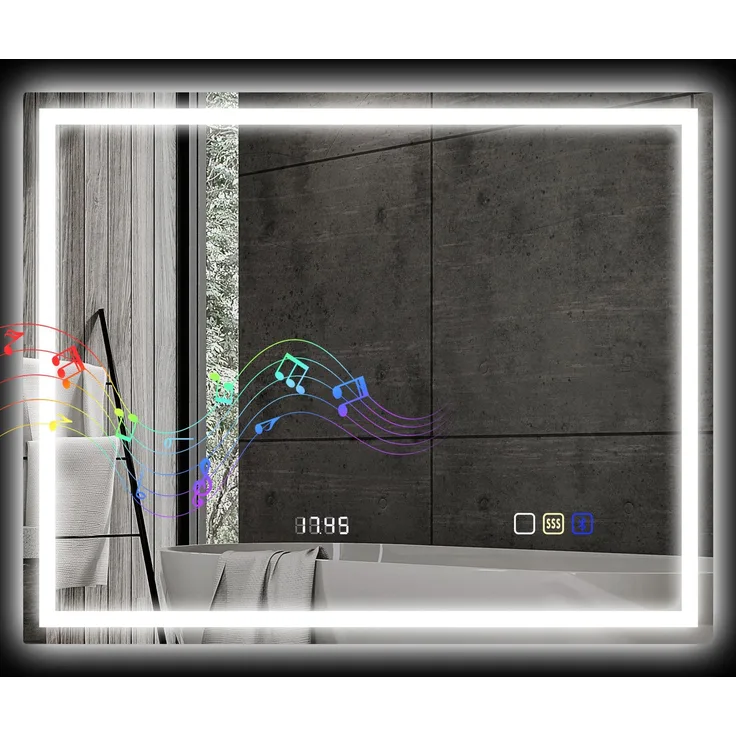 MELAYR, Badspiegel mit Beleuchtung 100x80 cm LED Spiegel Uhr Silber
