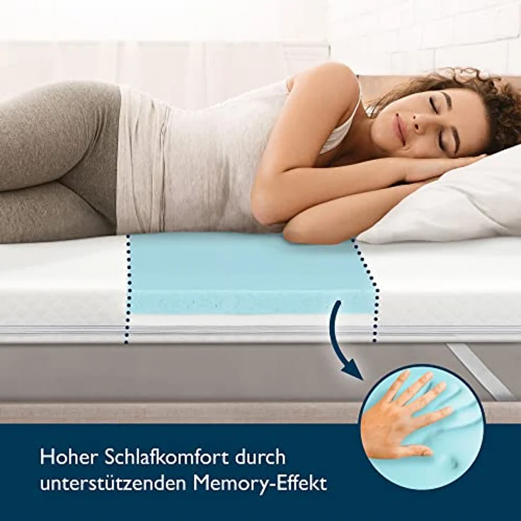 Beautissu Matratzentopper, Weiß, Gel Memory Foam mit doppelter Schicht, 90x200 cm, waschbar bei 40°C, für Matratzen bis 30 cm Höhe – Bild 4