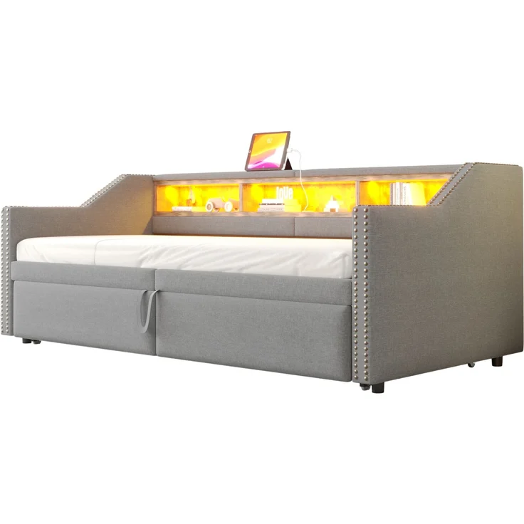 Schlafsofa 209,5×97 cm aus Samtstoff mit ausziehbarem Bett, gepolstert, modernes Tagesbett,Beige – Bild 7