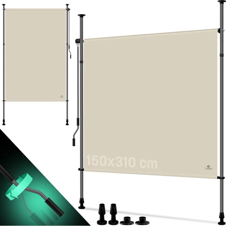 KESSER® Klemmmarkise Senkrechtmarkise außen Ausziehbar & Blickdicht | Vertikalmarkise mit Handkurbel ohne Bohren | Balkon-Sichtschutz & Windschutz für Garten & Terrasse Wasserfest Beige, 150 x 310 cm