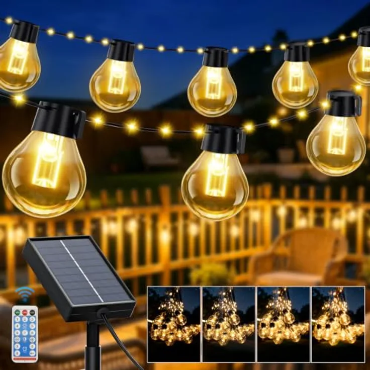 FIFlying Solar Lichterkette Outdoor, 10m mit 100 LEDs inkl. 20 Glühbirnen, dimmbare Fernbedienung, 8 Modi, IP44 wetterfest für Garten und Balkon