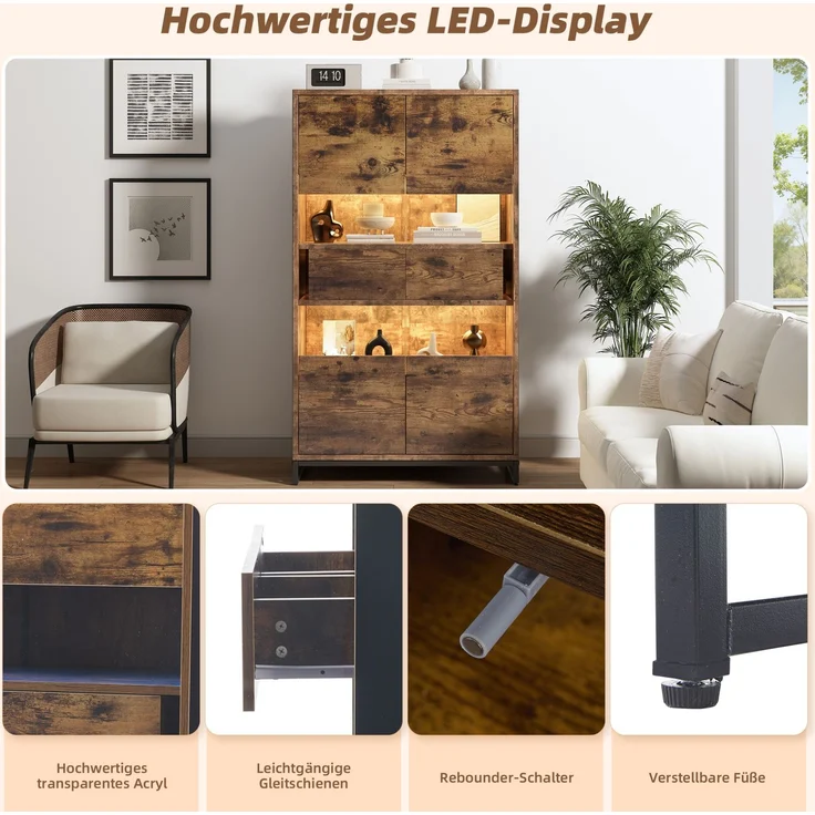 DESVIAE Vitrine mit LED-Beleuchtung, 2 Schubladen, 80x138x40 cm, MDF, Schwarz/Holzmaserung – Bild 5