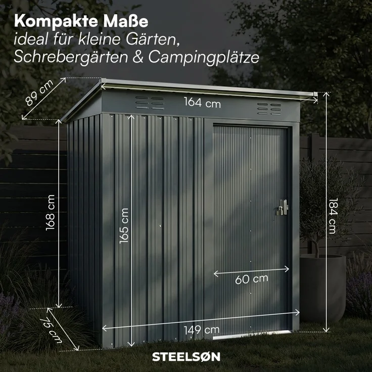 STEELSØN 'Talonix' Gerätehaus Pultdach mit Schiebetür, Stahl, anthrazit, wetterfest, 164x75x184/168 cm, abschließbar – Bild 8