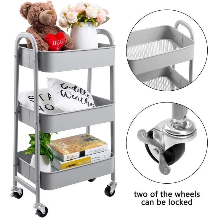 DOEWORKS Rollwagen Metall 3 Etagen Servierwagen Organizer Aufbewahrung Grau – Bild 5