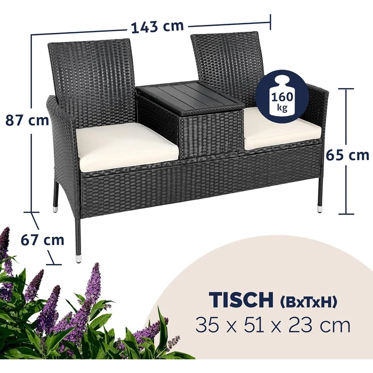 Casaria Gartenbank, Sitzbank inkl. Auflagen Polyrattan 320kg Belastbar Tisch Garten – Bild 2