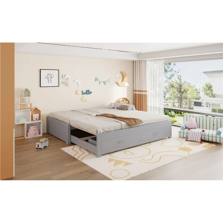 ZUBALIYA Tagesbett 90/180 × 190 cm, Holz, Ausziehbett, Schubladen, Lattenrost, Grau – Bild 8