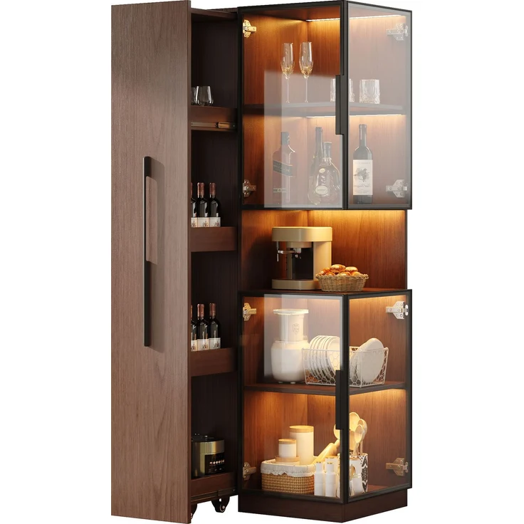 ZUBALIYA Vitrinenschrank 70×38×160 cm mit Ausziehregal – Doppelglas-Standvitrine LED, MDF-Schrank Walnuss, Glasvitrine & Aufbewahrung, multifunktionaler Hochschrank für Wohnzimmer, Esszimmer, Küche – Bild 7