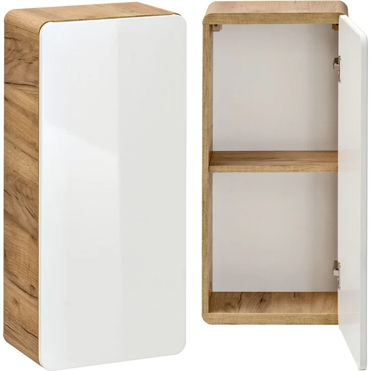 Badmöbel Set mit Keramikwaschtisch LUTON-56 in Hochglanz weiß mit Wotan Eiche Nb, B/H/T ca. 130/200/46 cm – Bild 7