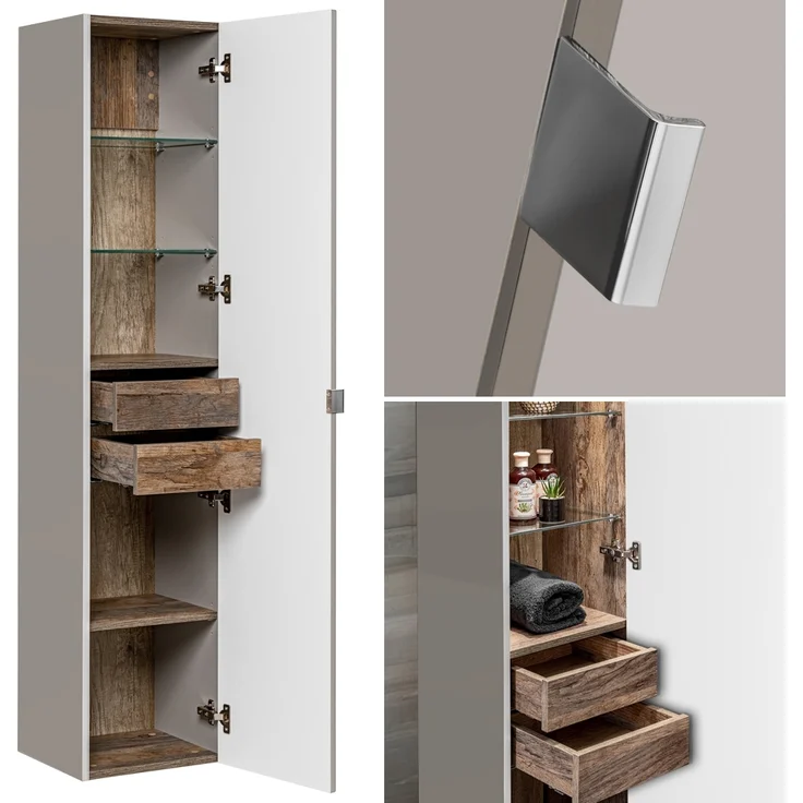 Badmöbel Hochschrank PUEBLA-56-TAUPE in taupe mit Vintage Oak Eiche, 1 Tür, B/H/T: 35/160/33 cm – Bild 2