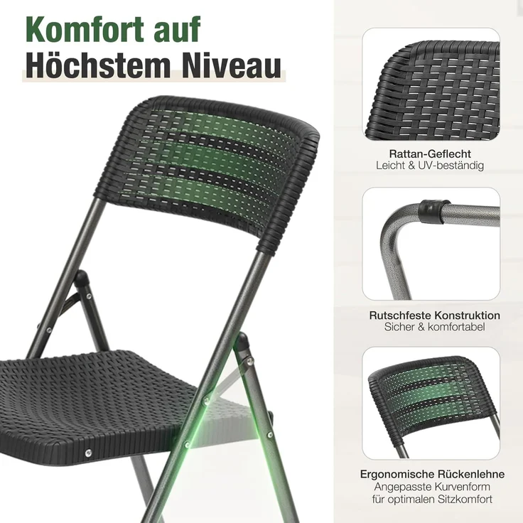 Sekey Rattan Gartenstuhl Klappbar, Campingstuhl Faltbar 200KG, 46 x 53 x 84 cm, Klappstuhl Camping Balkon Garten, 2er Gartenstühle Set Wasserdicht, Schwarz – Bild 7