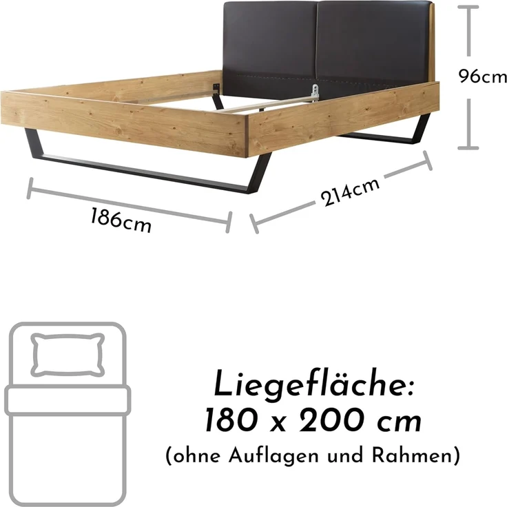 KEKE Modernes Massivholzbett 180x200 - Komfortables Balkenbett aus massiver Fichte mit Metallkufen - 186 x 97 x 215 cm (B/H/T) – Bild 3
