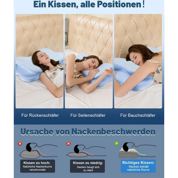 Esun Kopfkissen Nackenkissen Memory Foam Kissen, Ergonomisches Nackenschmerzen Pillow, Füllung: Kissenbezug besteht aus 18% Elasthan und 82% Nylon, Seitenschlafer, Bauchschlafer, Rückenschlafer, Kissen vom OEKO-TEX® und CertiPUR Getestet, für Seiten Rü... – Bild 3