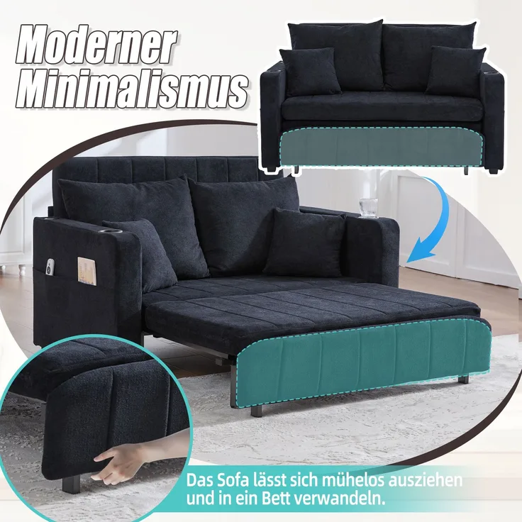 Wohnora-Multifunktionales Stoffsofa, ausziehbares Klappsofa, als Sofa oder Bett nutzbar, mit Aufbewahrungstaschen an den Armlehnen, mit USB-Ladefunktion und Getränkehaltern (schwarzer Chenille),H 83cm x T 139cm x B 73cm,Schwarz