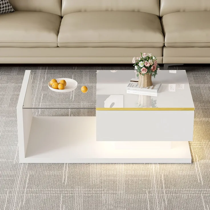 Couchtisch 90x50 cm Hochglanz Weiss LED Beleuchtung App Steuerung 16 Farben Glasplatte Wohnzimmer