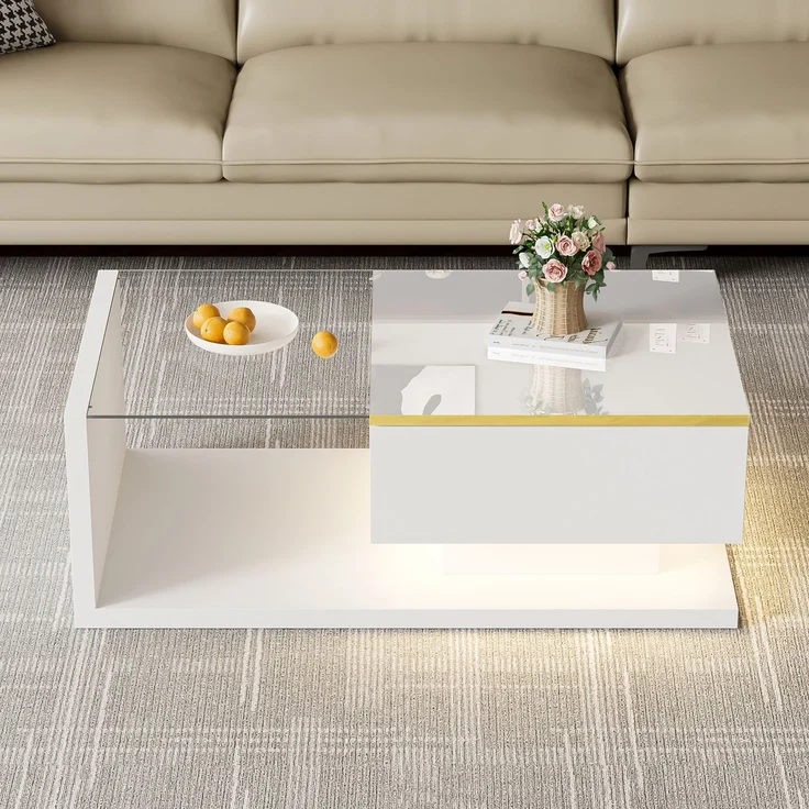 Couchtisch 90x50 cm Hochglanz Weiss LED Beleuchtung App Steuerung 16 Farben Glasplatte Wohnzimmer – Bild 1