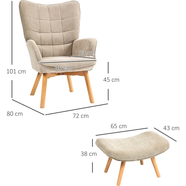 Ohrensessel mit Hocker, Relaxsessel, Polstersessel in Cord-Optik, Loungesessel, Armlehnstuhl mit Holzbeine, Fernsehsessel für Wohnzimmer, Khaki--khaki--80x72x101cm--YOUDENOVA – Bild 3