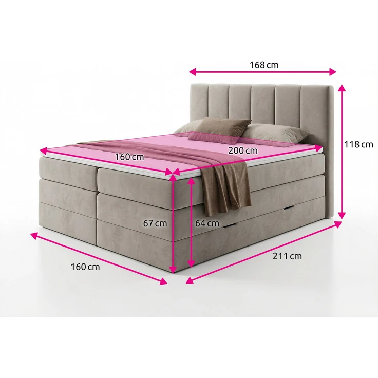 Boxspringbett Star XL mit 2 Bettkästen und Topper, mit Taschenfederkern- und Bonellfederkernmatratze, Doppelbett, Polsterbett aus Veloursstoff mit Stauraum (Schwarz (Kronos 07), 160x200 cm) – Bild 4