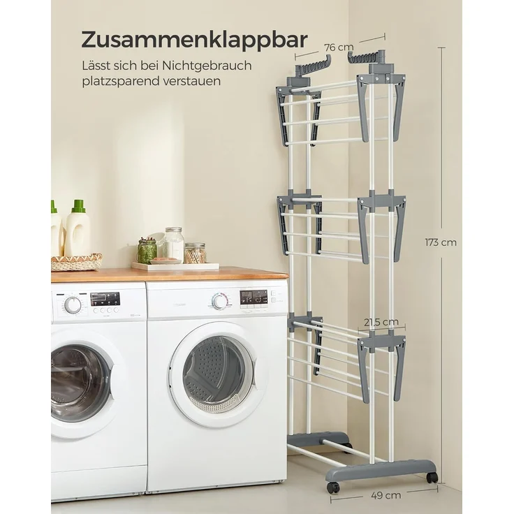 SONGMICS Wäscheständer, Standtrockner 4 Ebenen, Flügelwäscheständer, klappbare Flügel, mit Rollen, 63,5 x 128 x 173 cm, groß, einfacher Aufbau, für Innen- und Außenbereich, weiß LLR701W01 – Bild 2