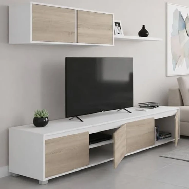 Dmora - Wandsystem Savannah, TV-Ständer, Wohnzimmermöbel, Zusammensetzung des Wohnzimmersets, Wohnzimmerset mit Schrankwand, 200 x 41 x 43 cm, Weiß und Eiche – Bild 1