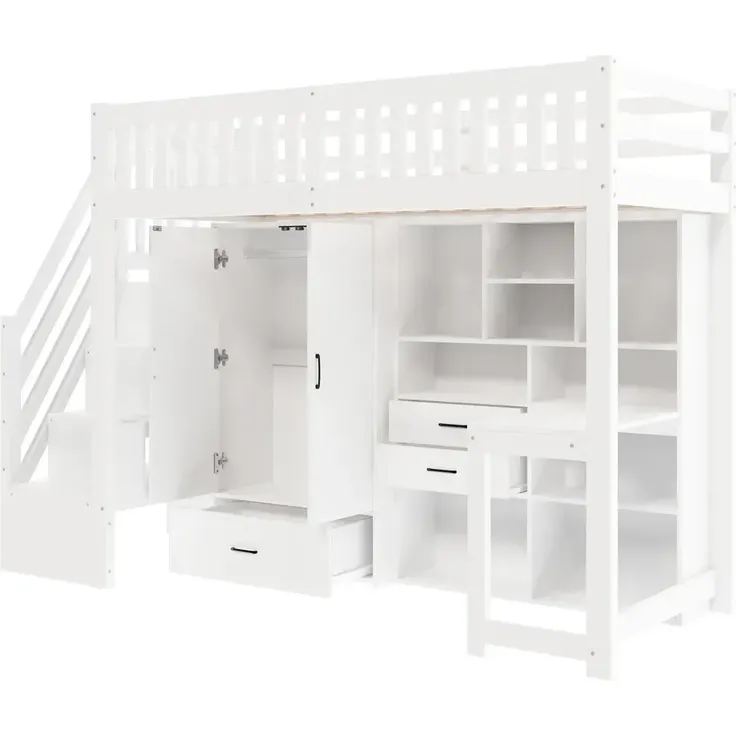 Hochbett mit Schreibtisch, Kleiderschrank, Regal, Lattenrost und Rausfallschutz, 90x200cm, Kinderbett, Stauraum, Jugendbett, Kiefer – Bild 6