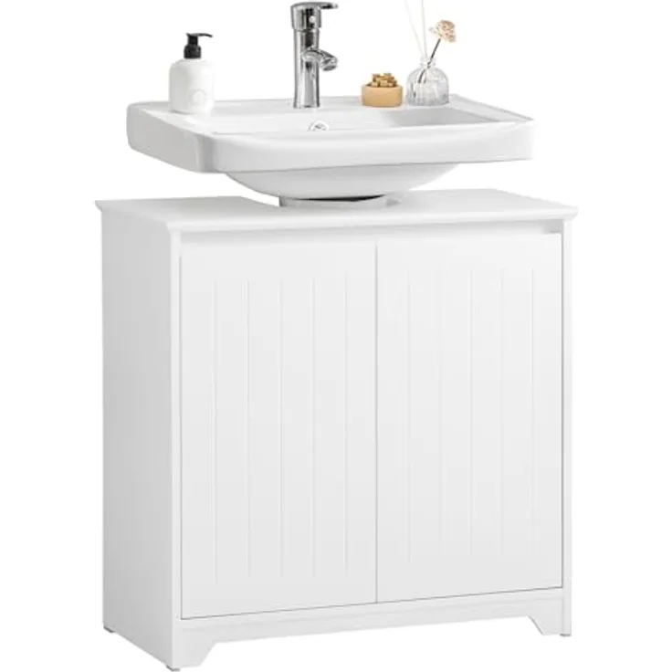 SoBuy Waschbeckenunterschrank BZR108-II-W, 60 cm, 2 Türen, aus MDF in Weiß mit Stauraum für Badutensilien