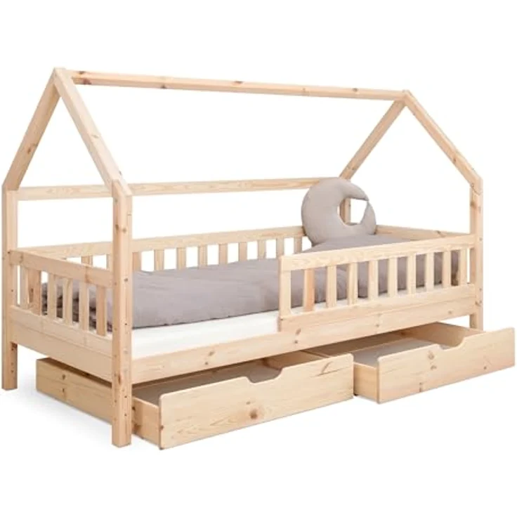 Ehrenkind® Hausbett | Kinderbett mit abnehmbaren Rausfallschutz aus Massivholz FSC zertifziert inkl. Lattenrost & Schubladen | Hausbett 90x200 | Kinderbett 90x200 Natur – Bild 2