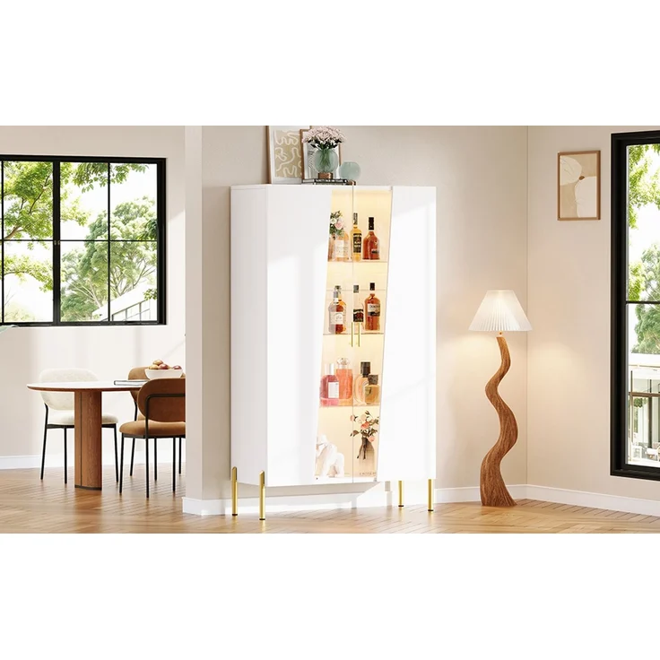 ZUBALIYA LED-Beleuchteter Glasschrank 72 x 40 x 145 cm, mit asymmetrischer gehärteter Glastür, 3 Glasböden, Metallgriff und Metallfüßen, als Vitrine, Esszimmerschrank, Bücherregal,Weiß – Bild 18