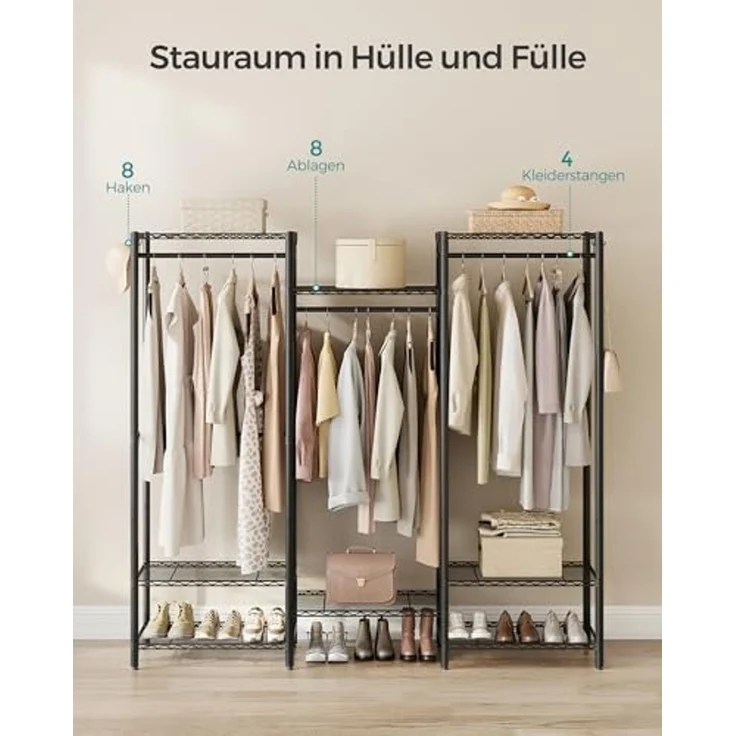 SONGMICS Kleiderständer, offener Kleiderschrank, Garderobe aus Metall, Garderobenständer mit verstellbaren Ablagen und Kleiderstangen, Haken, hochbelastbar, trennbar, tintenschwarz LGRDE431B01 – Bild 5