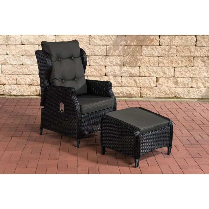 CLP Polyrattan Verstellbarer Sessel Breno inkl. Fußhocker 5mm - Farbe:schwarz;Polsterfarbe:Anthrazit