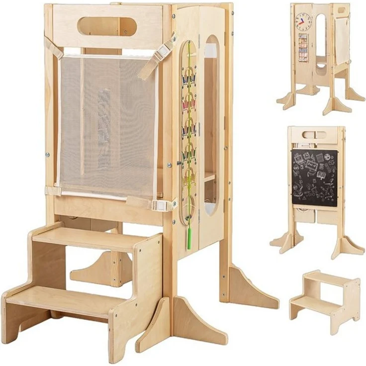 COSTWAY Tritthocker, 4 in 1 Lernturm klappbar mit 2-Stufen Hocker, Tafel – Bild 4